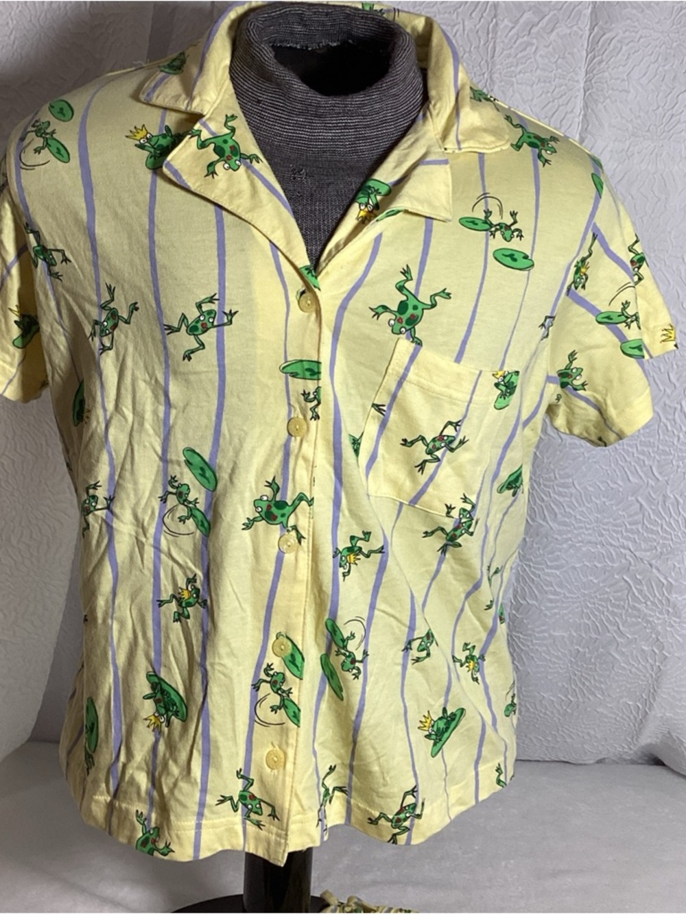 Xhilaration Womans XL Cotton Yellow Stripe Frogs Pajama Short Set - Picture 2 of 9